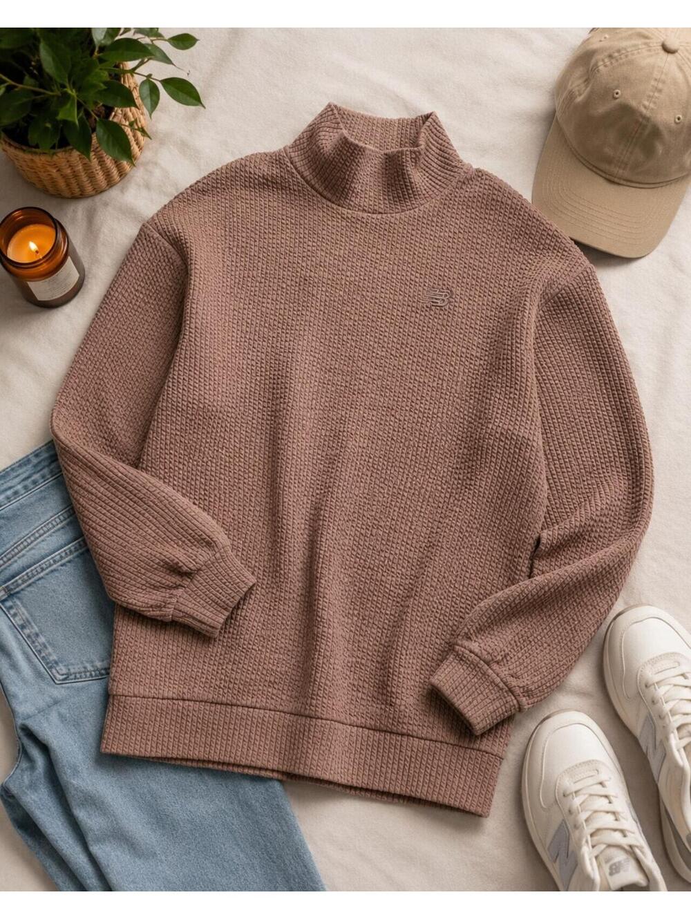 New Balance Waffle Knit Mock Neck Pullover Sweatshirt Men's XS Taupe Casual